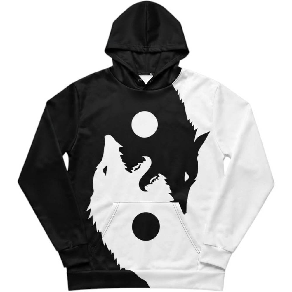John Hancock Wolf Yin Yang Hoodie Large Black White Howling Wolves Pullover